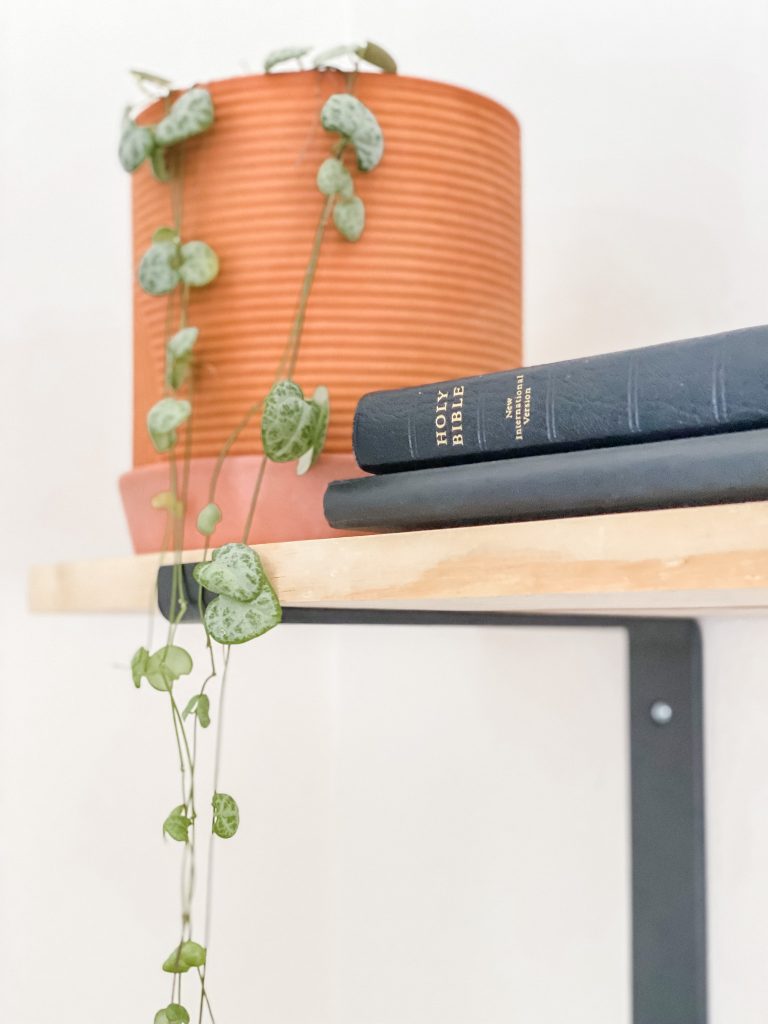 A black Bible and journal sitting on a shelf next to a potted plant