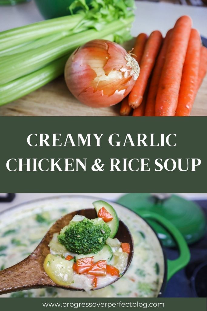 Creamy Garlic Chicken & Rice Soup Pinterest Pin