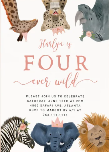 Four Ever Wild Themed Birthday Invitation 