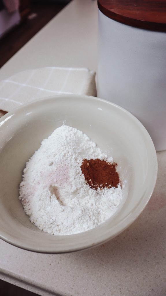 flour, baking powder, salt and cinnamon in a mixing bowl